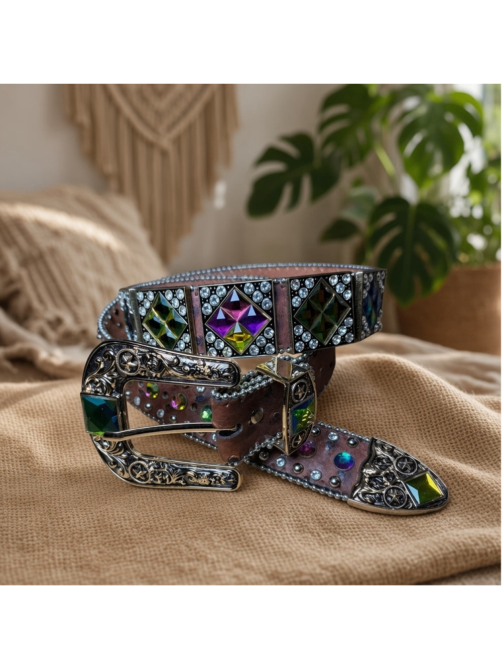 WEST STAR TEXAS Iridescent Rhinestone Bling Western Cowgirl Belt Sz Large Y2K